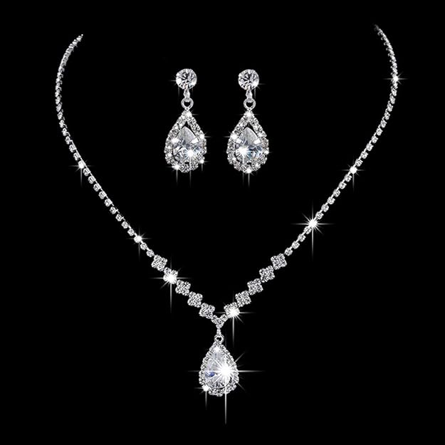 Silver Bridal Crystal Necklace & Earrings Set – Rhinestone Choker (3Pcs)