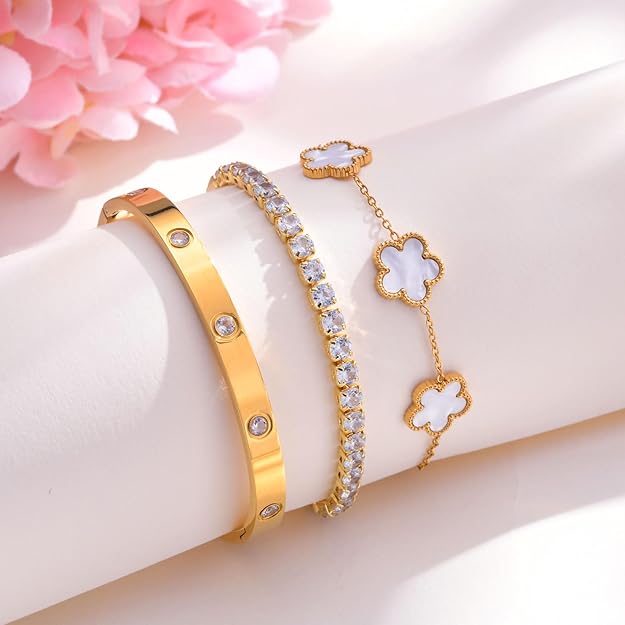 Womens Floral Gold Bracelet Set 18K Plated – 3Pcs Stackable Bangles
