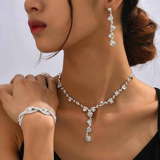 Silver Rhinestone Earrings & Sparkly Bracelet Set – Party Prom Jewelry