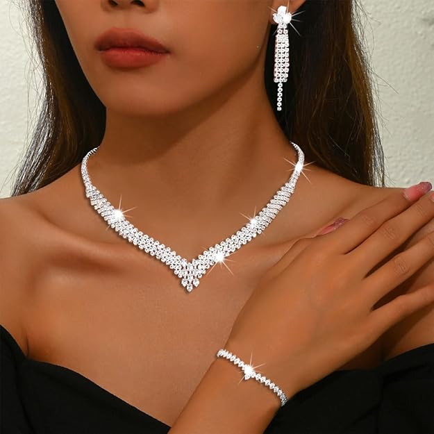 Silver Rhinestone Bridal Jewelry Set – Wedding Necklace & Earrings
