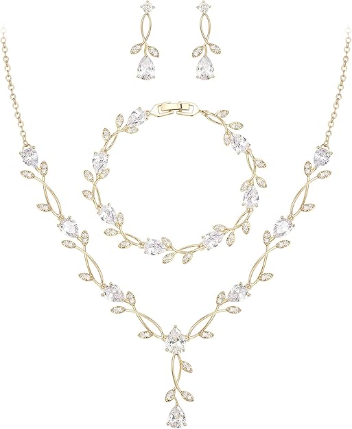 Bridal CZ & Simulated Pearl Jewelry Set – Leaf Vine Wedding Necklace & Earrings