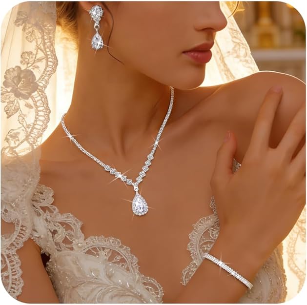 Silver Plated Crystal Bridal Jewelry Set – Necklace, Bracelet & Earrings