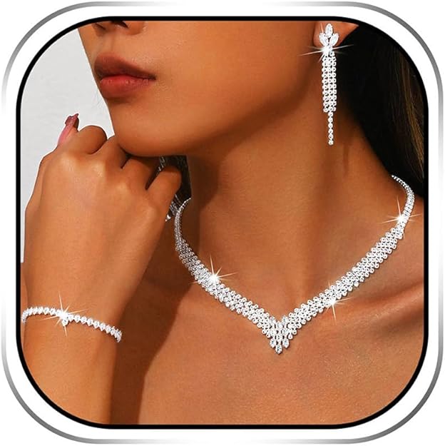 Silver Rhinestone Bridal Jewelry Set – Wedding Necklace & Earrings