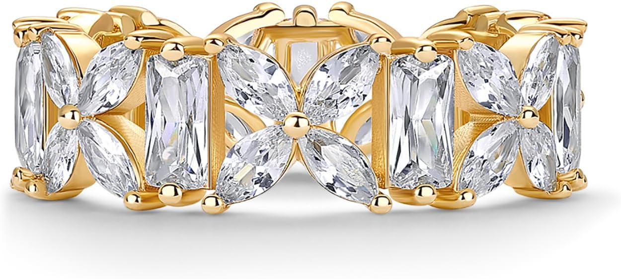 14K Gold Plated Marquise & Baguette CZ Eternity Ring – Chunky Stackable Wedding Band