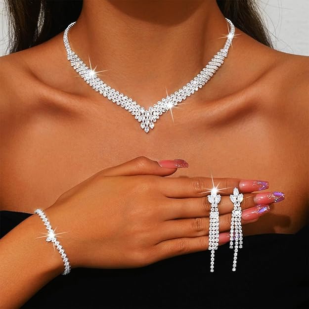 Silver Rhinestone Bridal Jewelry Set – Wedding Necklace & Earrings