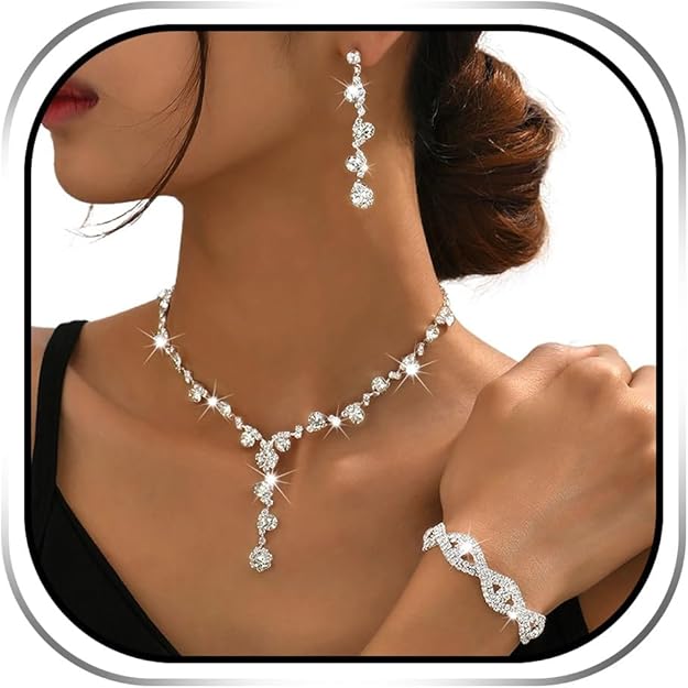 Silver Rhinestone Earrings & Sparkly Bracelet Set – Party Prom Jewelry