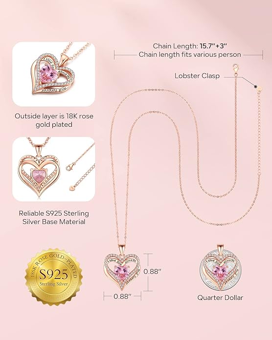 S925 Sterling Silver Heart Necklace Rose Gold – Gift for Mom, Wife & Girlfriend