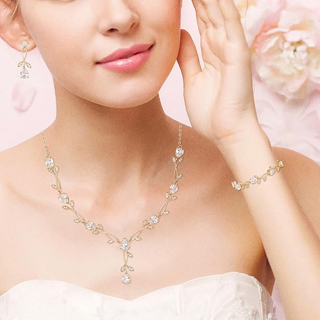 Bridal CZ & Simulated Pearl Jewelry Set – Leaf Vine Wedding Necklace & Earrings