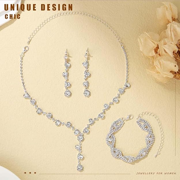 Silver Rhinestone Earrings & Sparkly Bracelet Set – Party Prom Jewelry