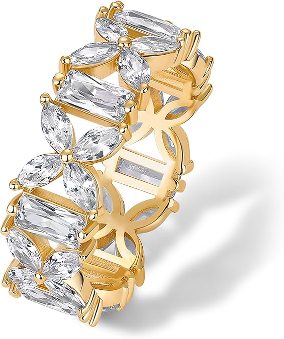 14K Gold Plated Marquise & Baguette CZ Eternity Ring – Chunky Stackable Wedding Band