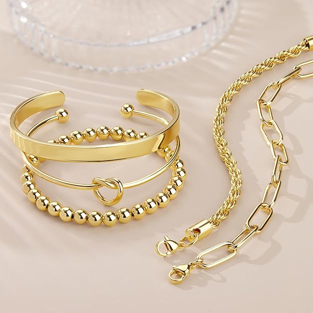 Zestaw Bransoletek Damskich 14K Gold Plated – Chunky & Stack