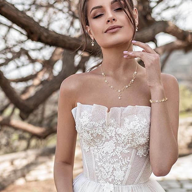 Bridal CZ & Simulated Pearl Jewelry Set – Leaf Vine Wedding Necklace & Earrings