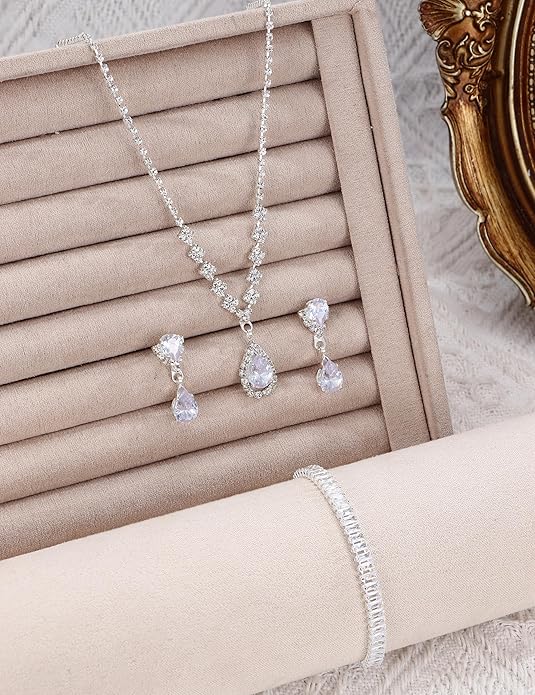 Silver Plated Crystal Bridal Jewelry Set – Necklace, Bracelet & Earrings