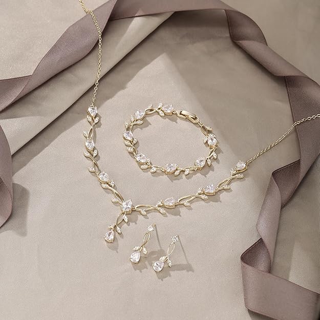 Bridal CZ & Simulated Pearl Jewelry Set – Leaf Vine Wedding Necklace & Earrings
