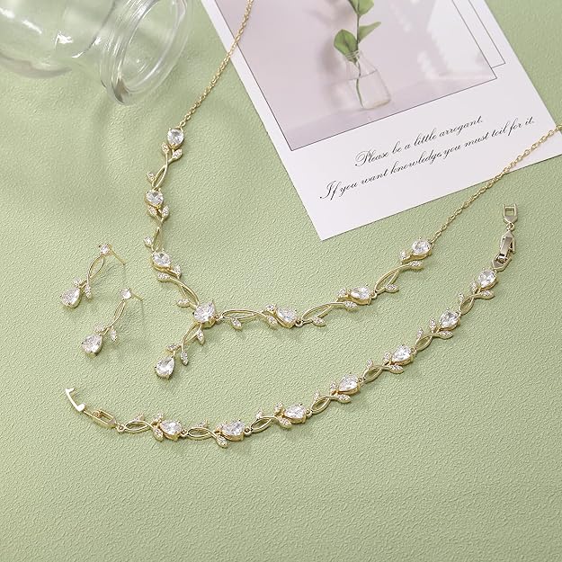 Bridal CZ & Simulated Pearl Jewelry Set – Leaf Vine Wedding Necklace & Earrings