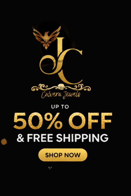 Jewelry advertisement with 'Calvera Jewels' logo, jewelry on a black background, and promotional text.