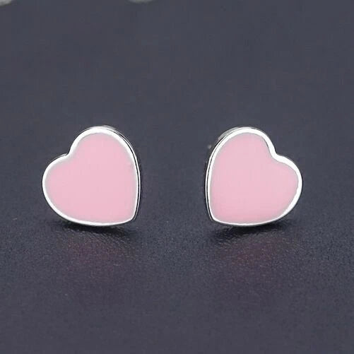 Silver Cute Pink Heart Stud Earrings Womens Girls Jewellery