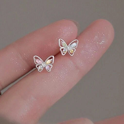 Silver Crystal Colourful Butterfly Stud Earrings Womens Jewellery