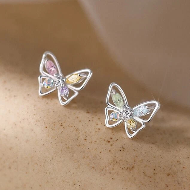 Silver Crystal Colourful Butterfly Stud Earrings Womens Jewellery