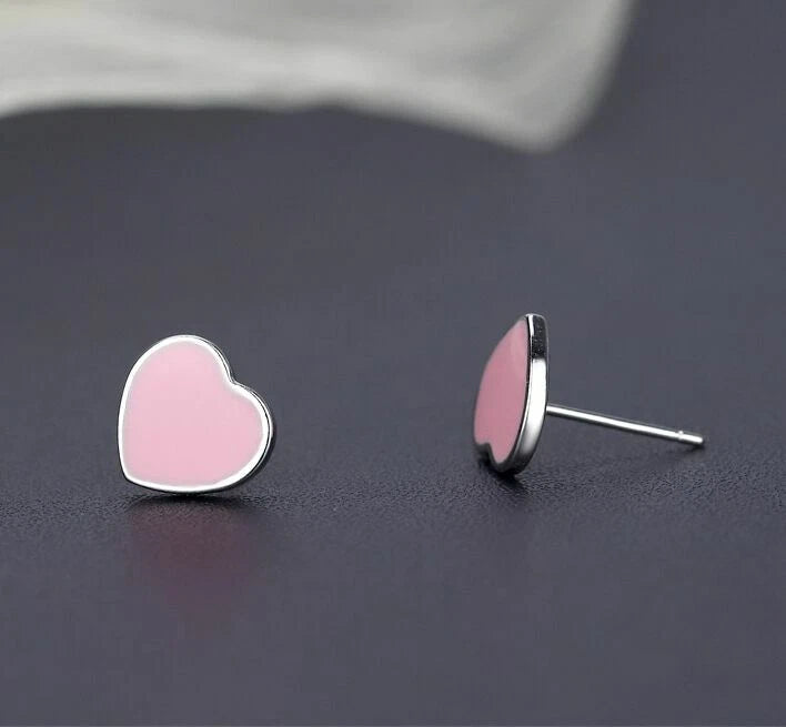 Silver Cute Pink Heart Stud Earrings Womens Girls Jewellery
