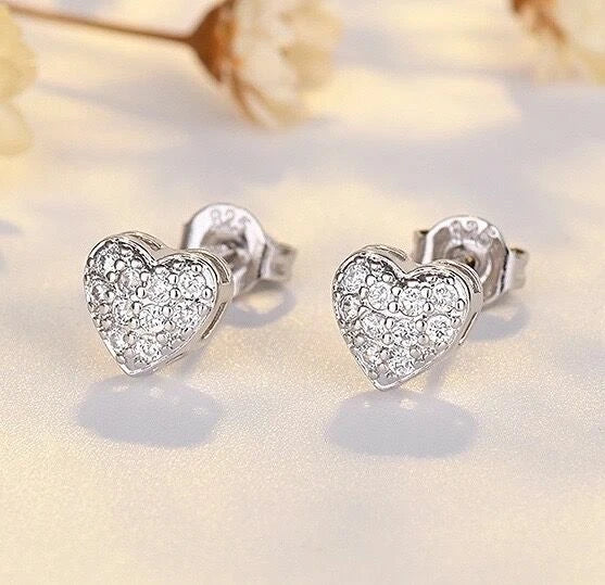 Silver Crystal Heart Stud Earrings Jewellery Women Girls