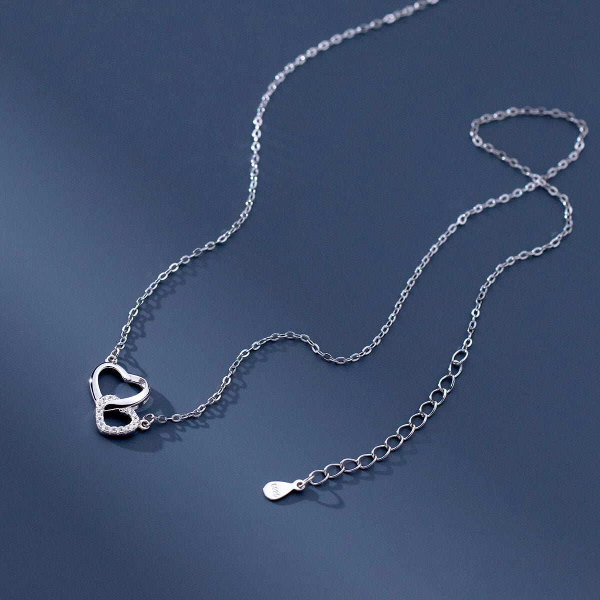 Silver Crystal Heart Linked Pendant Necklace Women