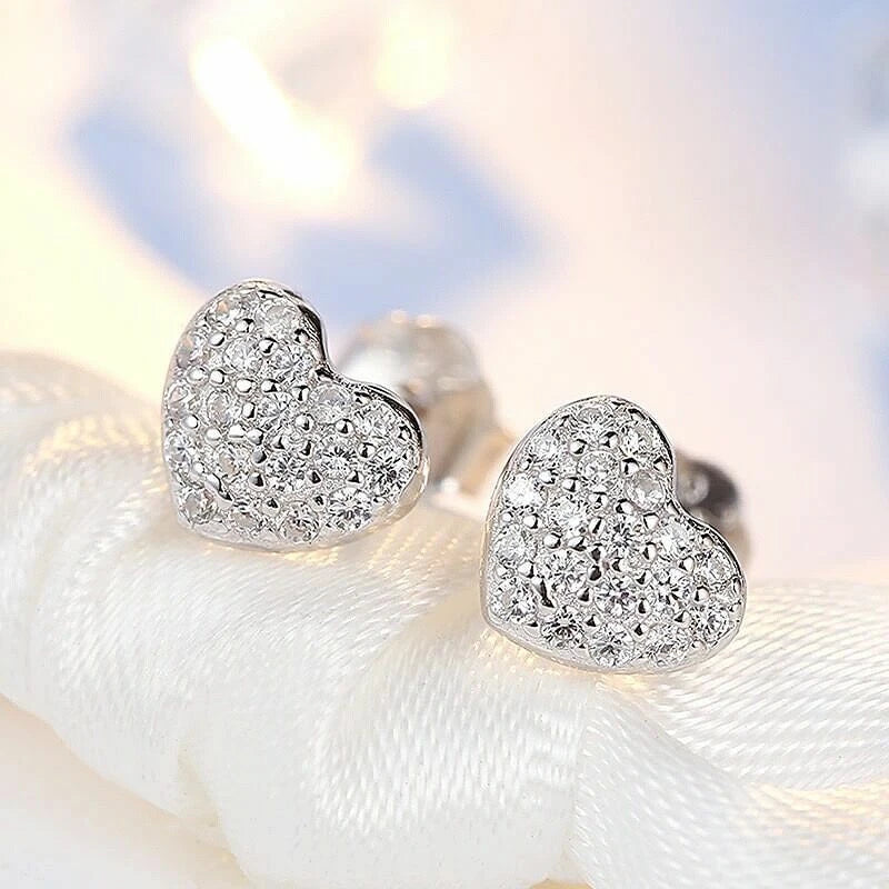 Silver Crystal Heart Stud Earrings Jewellery Women Girls