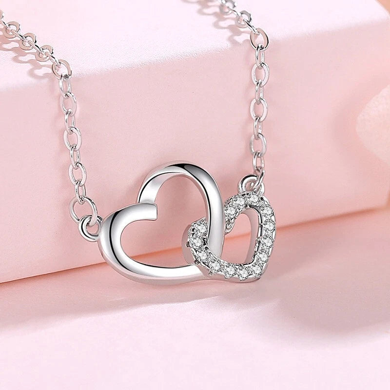 Silver Crystal Heart Linked Pendant Necklace Women