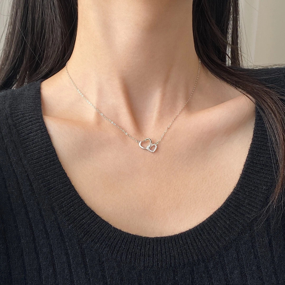 Silver Crystal Heart Linked Pendant Necklace Women