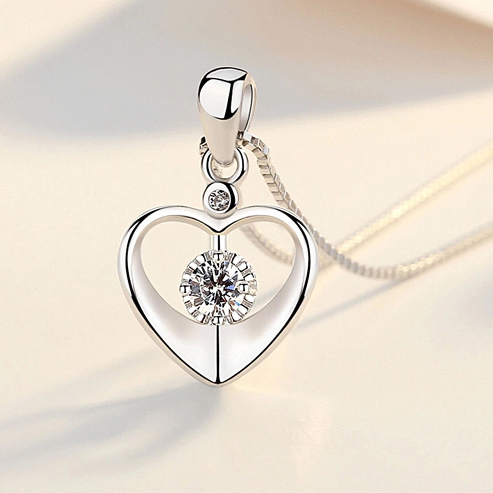 Silver Crystal Love Heart Pendant Necklace Women Collage