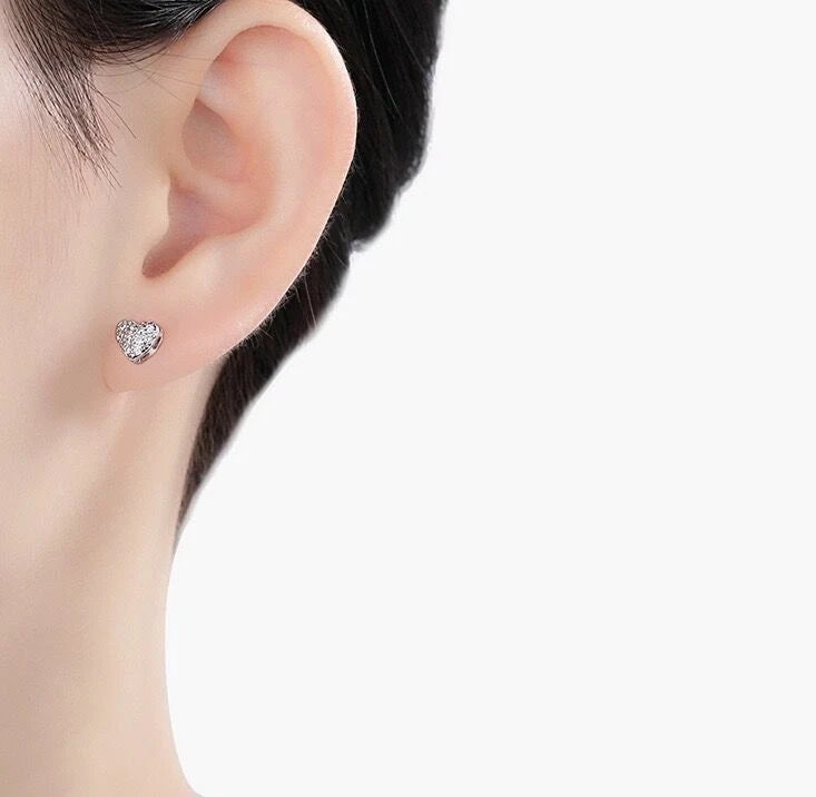 Silver Crystal Heart Stud Earrings Jewellery Women Girls