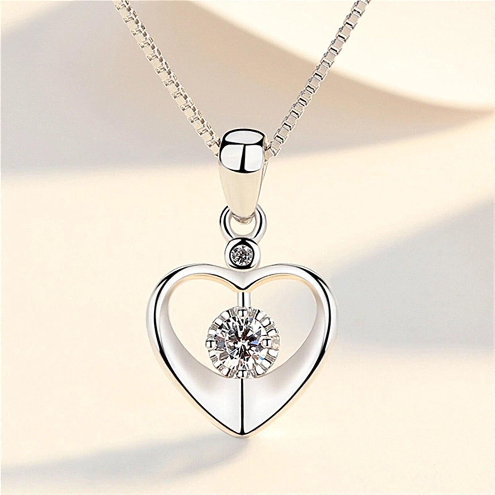 Silver Crystal Love Heart Pendant Necklace Women