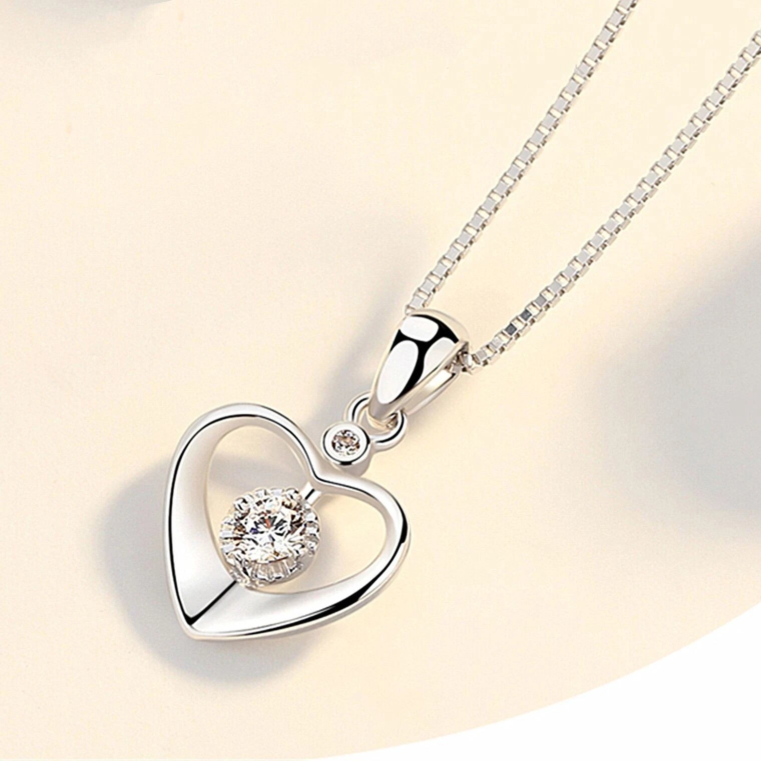 Silver Crystal Love Heart Pendant Necklace Women