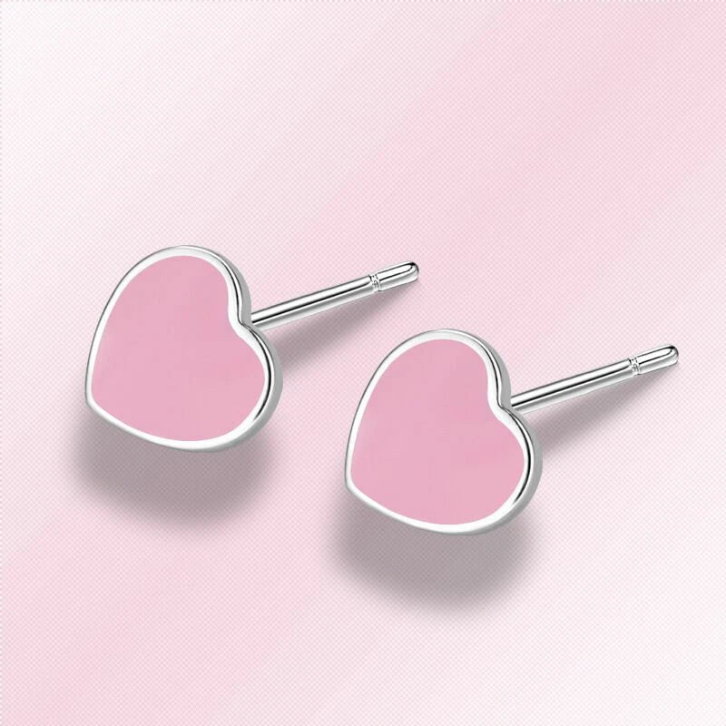 Silver Cute Pink Heart Stud Earrings Womens Girls Jewellery