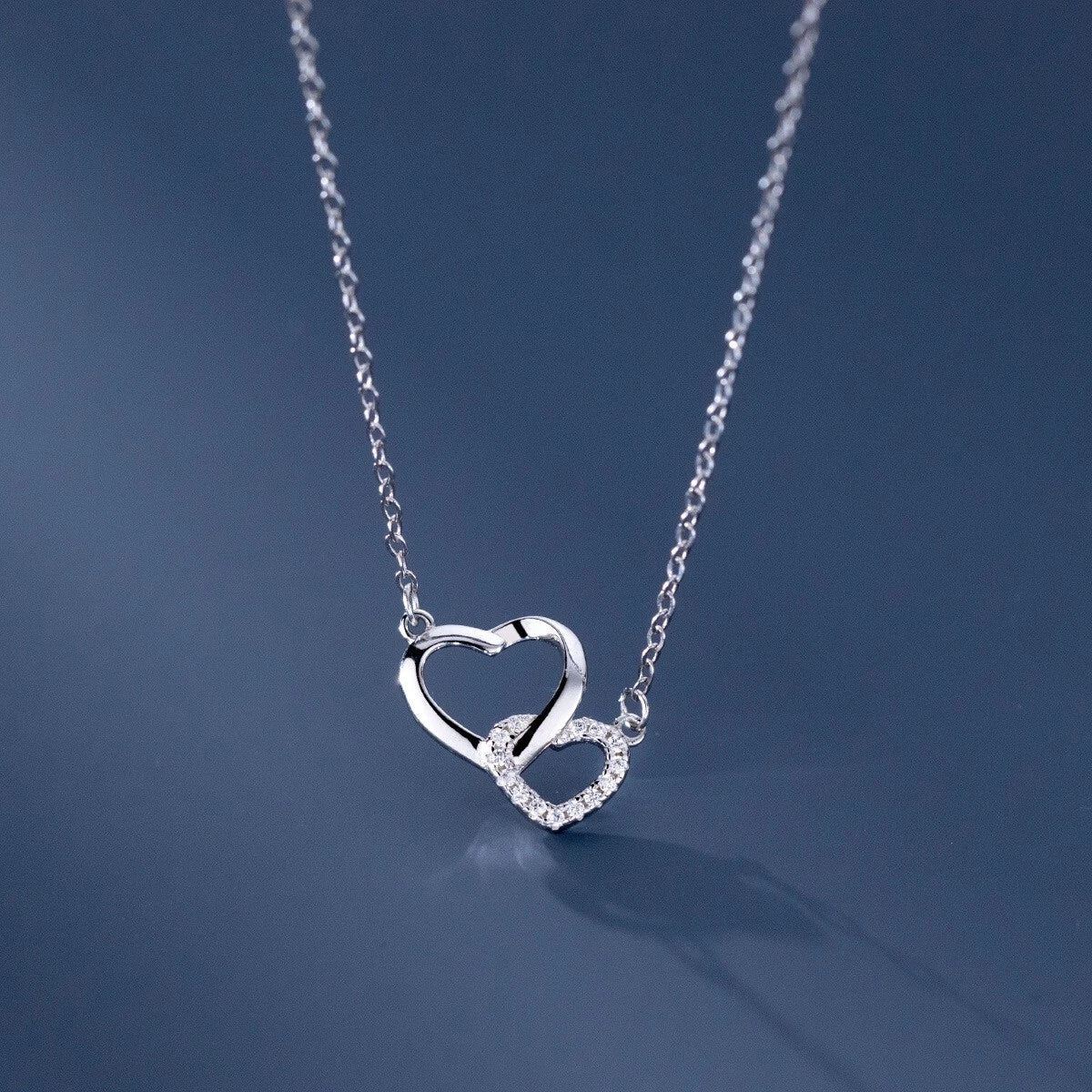 Silver Crystal Heart Linked Pendant Necklace Women