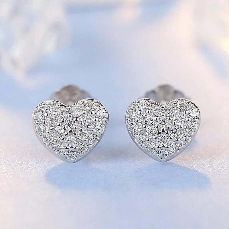 Silver Crystal Heart Stud Earrings Jewellery Women Girls