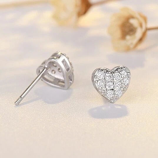 Silver Crystal Heart Stud Earrings Jewellery Women Girls