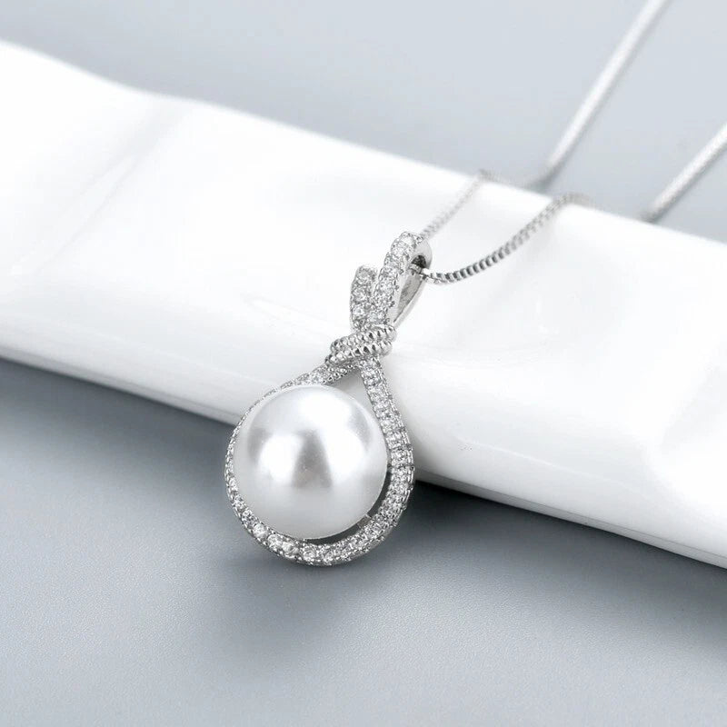 Silver Crystal Pearl Pendant Necklace Women