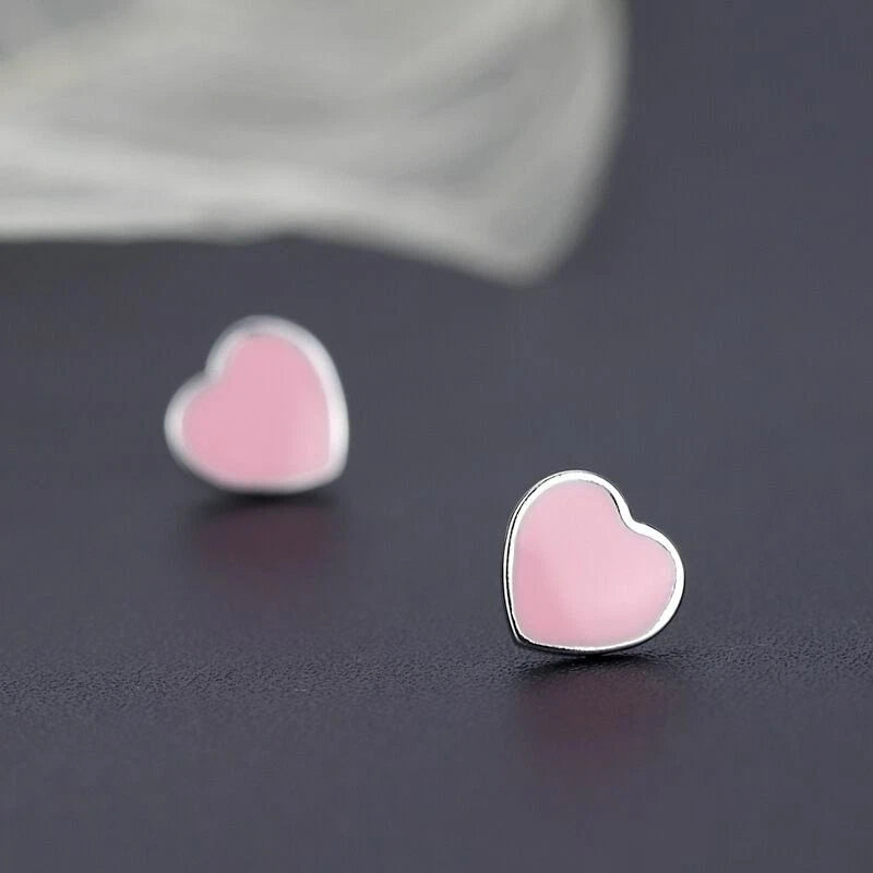 Silver Cute Pink Heart Stud Earrings Womens Girls Jewellery