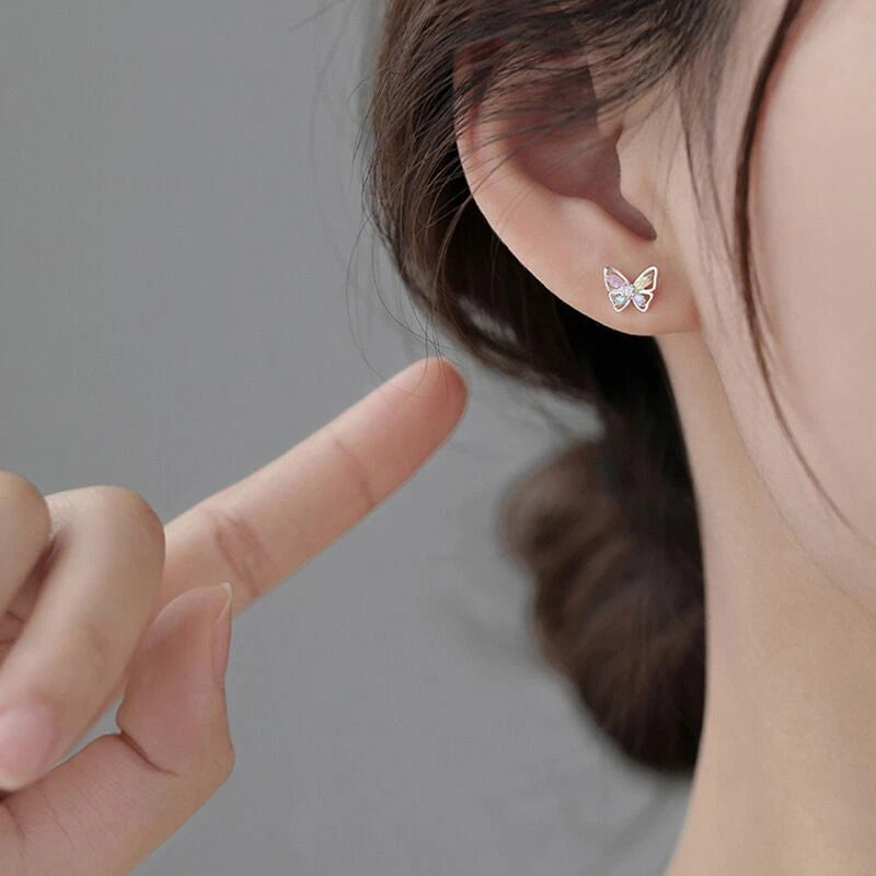 Silver Crystal Colourful Butterfly Stud Earrings Womens Jewellery