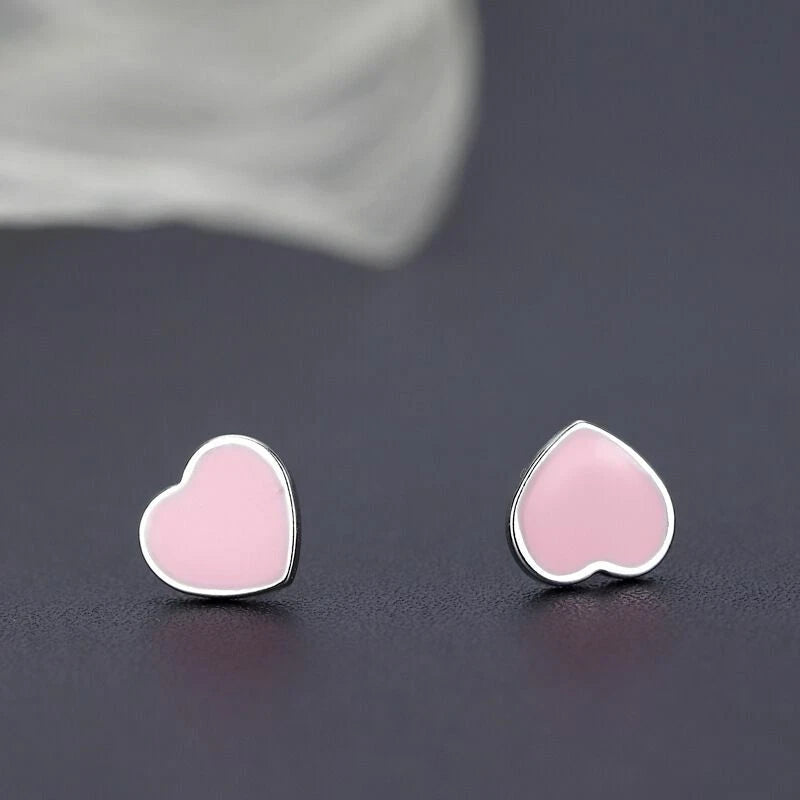 Silver Cute Pink Heart Stud Earrings Womens Girls Jewellery